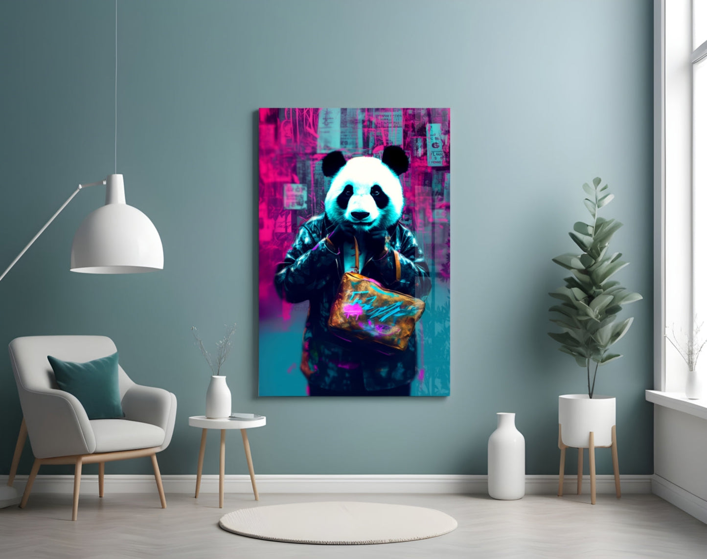 Vibrant neon panda artwork displayed on blue wall above white chair in minimalist interior setting.