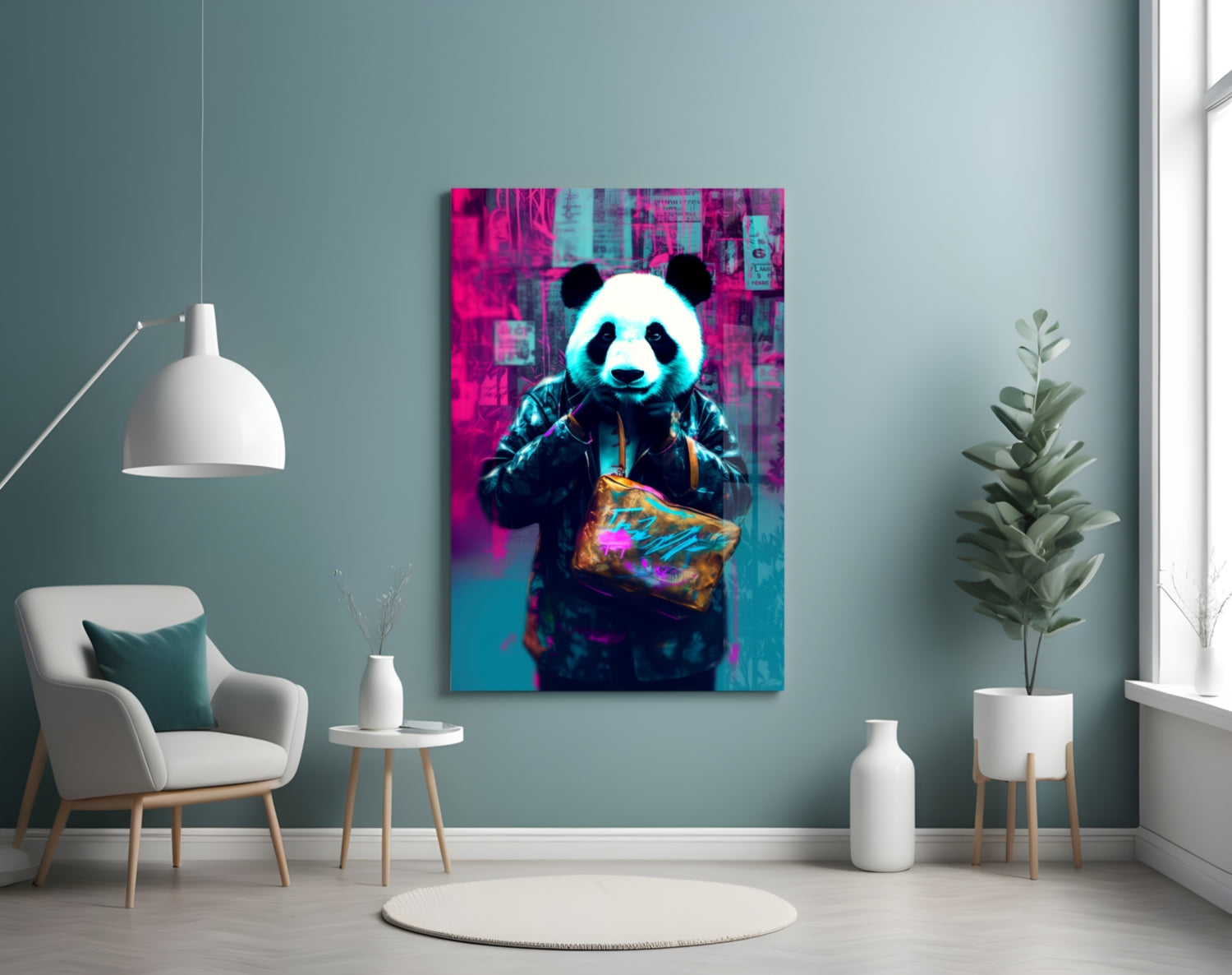 Vibrant neon panda artwork displayed on blue wall above white chair in minimalist interior setting.
