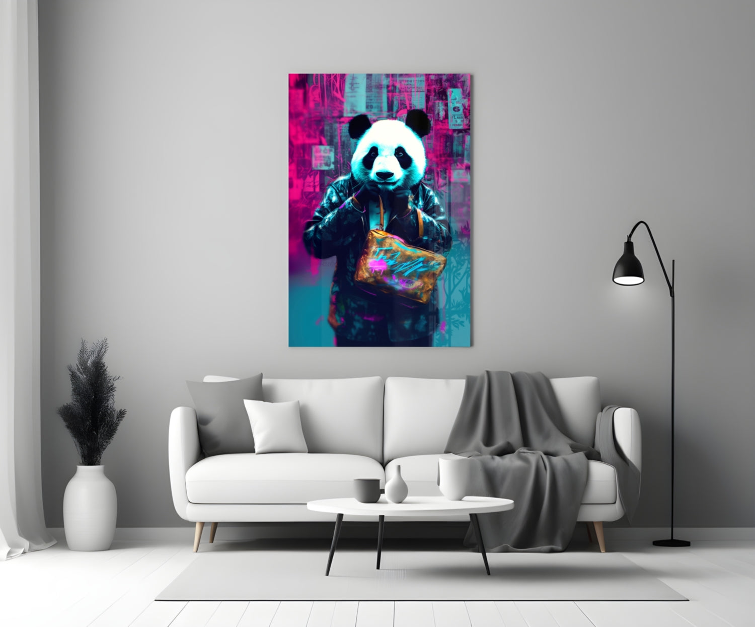 Vibrant neon panda artwork with cyan and magenta tones hanging above a minimalist white sofa in a modern living room setting.