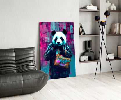 Neon panda wearing jacket and holding colorful bag displayed as glass wall art in modern living room with gray sofa and shelving.