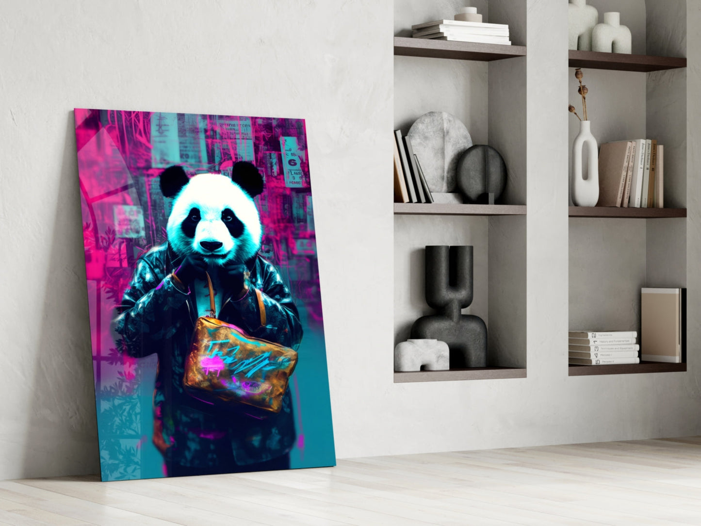 Vibrant neon panda artwork leaning against white wall beside built-in shelving with decorative objects.