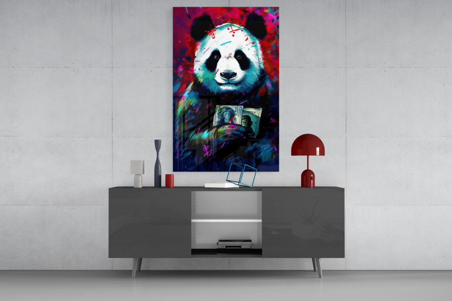Colorful pop art panda holding money displayed on wall above gray media console in modern living room setting.