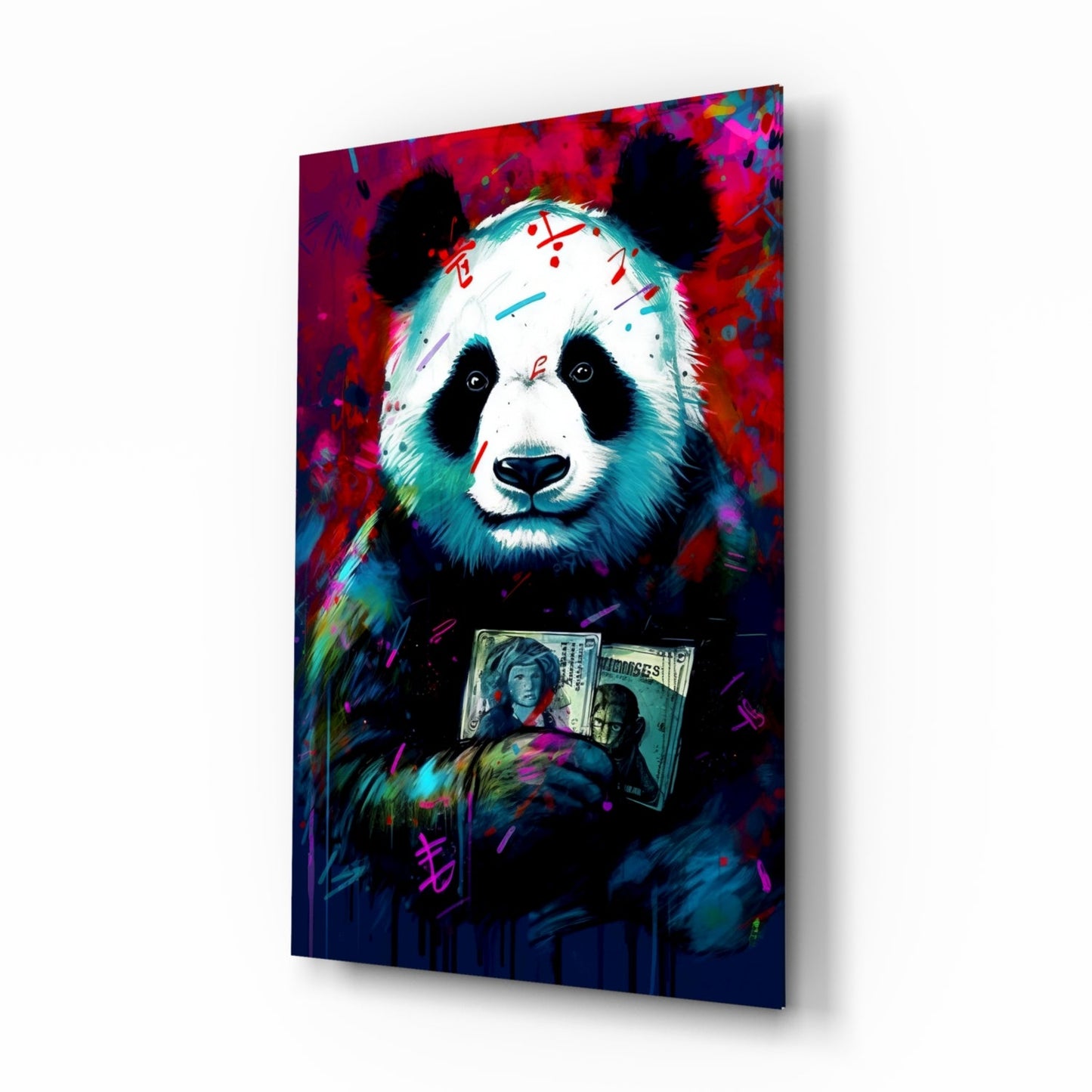 Angled view of colorful glass wall art featuring a panda holding money against a vibrant red and blue abstract background.