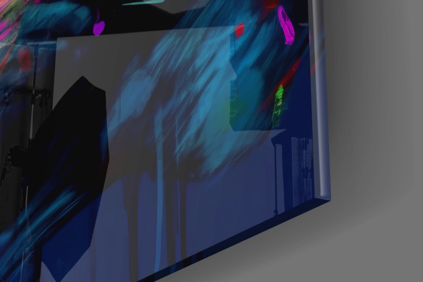 Close-up angled view of glass wall art displaying blue brushstroke patterns with colorful neon accents including magenta, red, and green highlights.