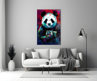 Vibrant glass wall art of a colorful panda holding money displayed above a white sofa in a modern living room setting.