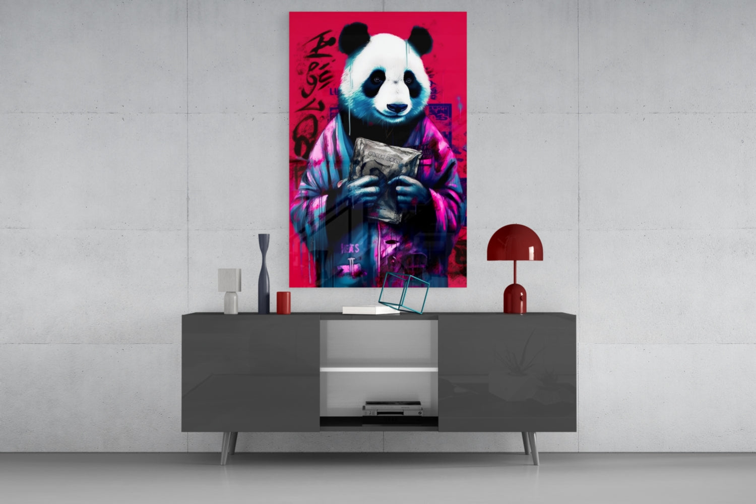 Vibrant pop art panda canvas in neon pink and blue tones displayed above a dark gray media console with red accents.