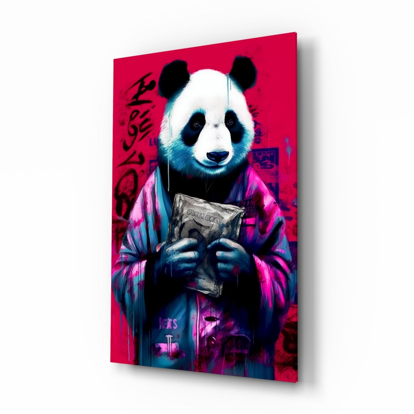 Angled perspective of a glass wall art panel featuring a stylized panda in vibrant pink, blue, and magenta tones holding currency, against a red background.