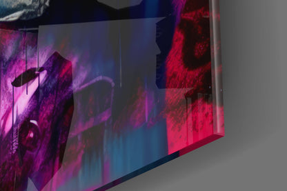 Angled side view of illuminated glass wall art panel displaying vibrant magenta, pink, and red gradient lighting effects.