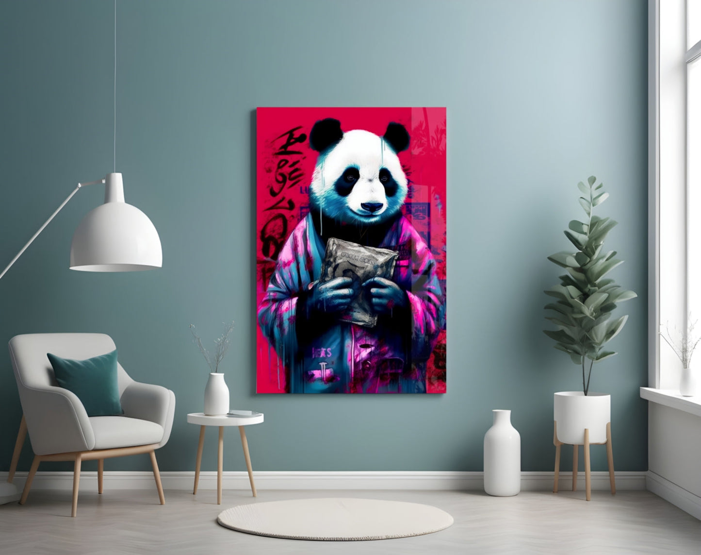 Vibrant red panda glass wall art with neon blue and purple accents displayed in modern living room setting with teal walls and minimalist furniture.