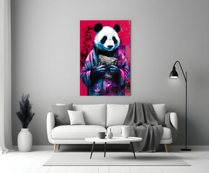 Vibrant pink panda glass wall art hanging above white sofa in modern living room setting.