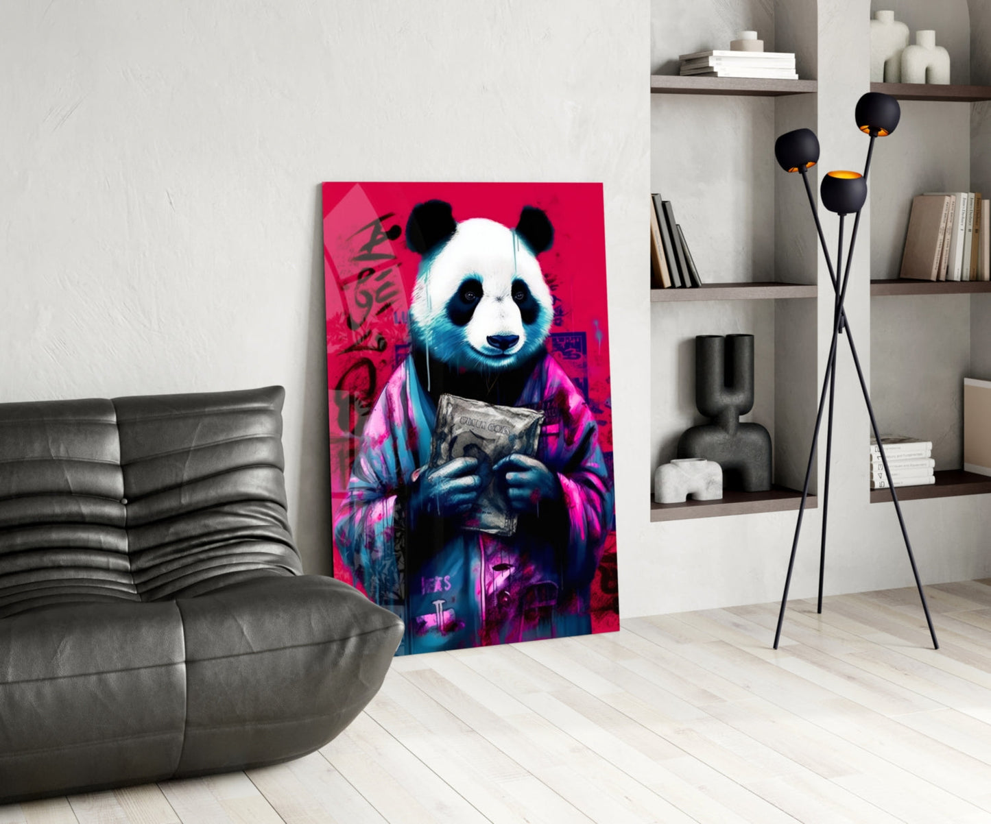 Vibrant pop art panda holding cash on hot pink background displayed in modern living room with gray sofa and shelving.