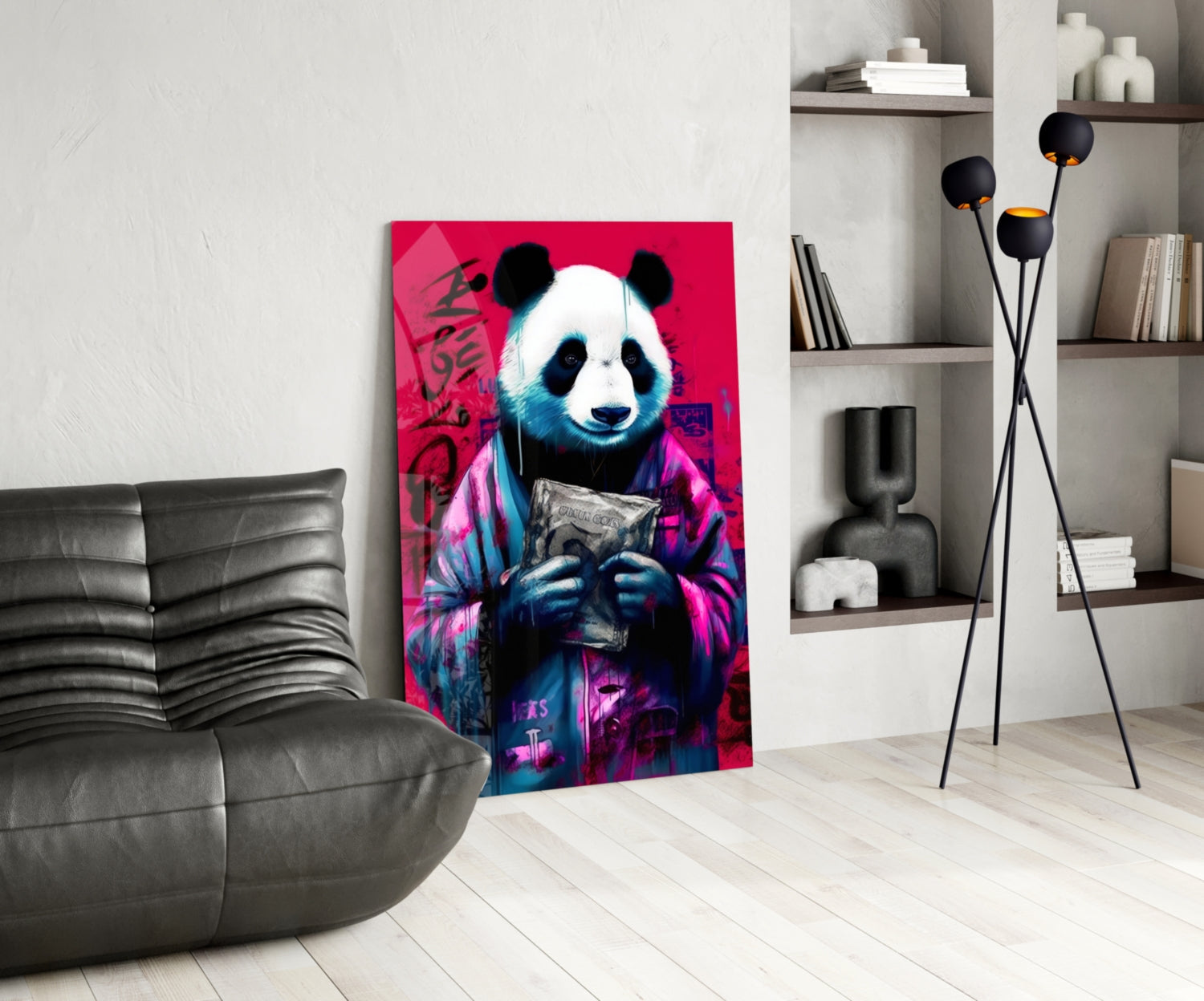 Vibrant pop art panda holding cash on hot pink background displayed in modern living room with gray sofa and shelving.