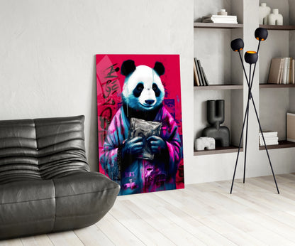 Vibrant pop art panda holding cash on hot pink background displayed in modern living room with gray sofa and shelving.