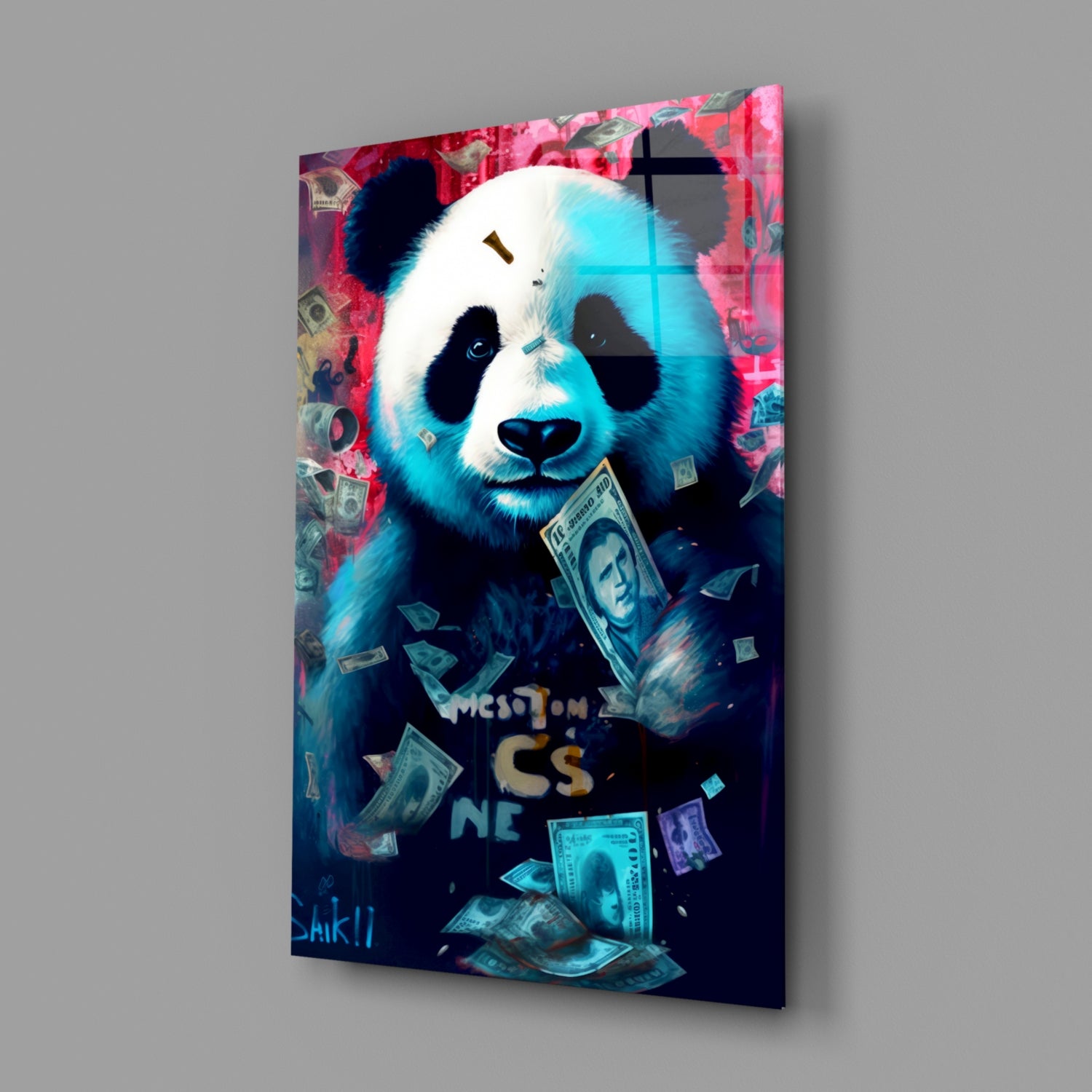 Angled view of glass wall art featuring a stylized panda with blue and white coloring surrounded by dollar bills on a dark background with pink floral elements.