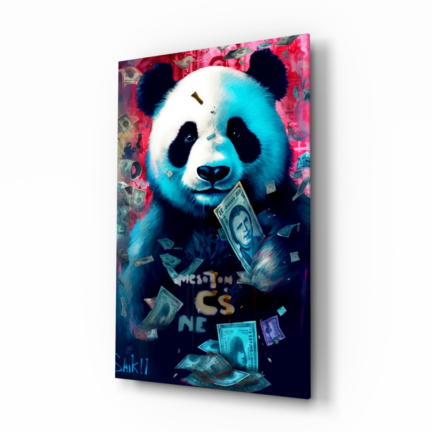 Angled view of a glass wall art panel featuring a stylized panda with blue and white coloring surrounded by falling dollar bills against a pink floral background.