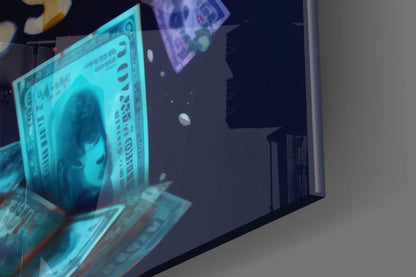 Close-up angled view of glowing turquoise glass wall art displaying portrait and currency designs with purple artwork visible in background.