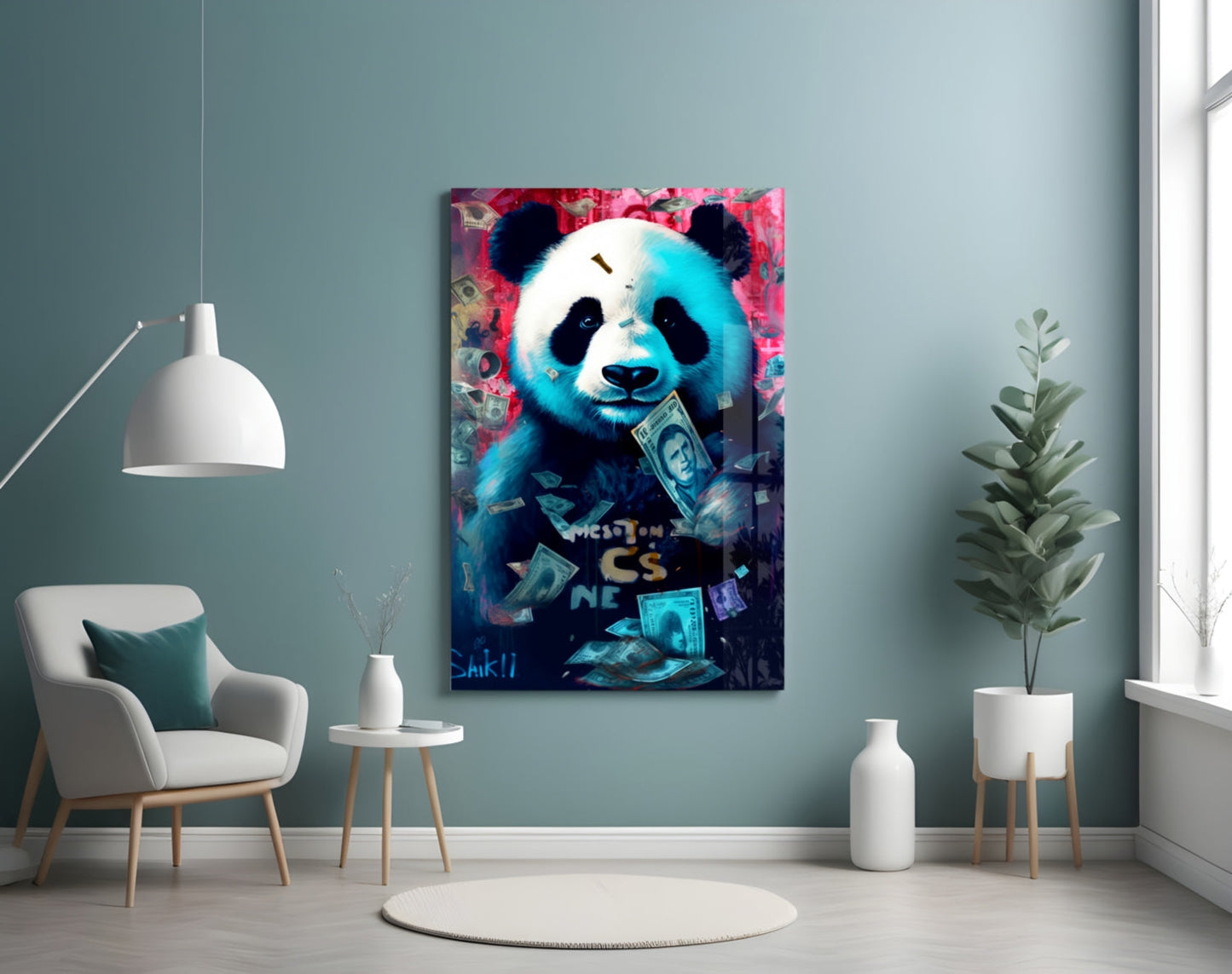 Colorful pop art panda glass panel displaying blue and white face with money motif, hung above modern furniture in teal room.