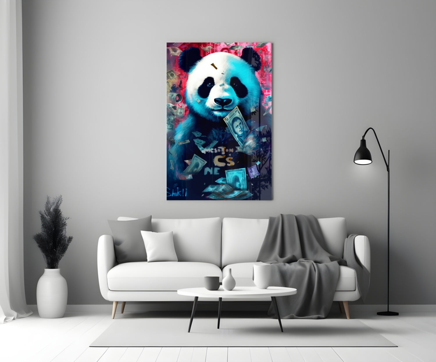 Vibrant glass wall art featuring a stylized panda with blue and pink tones holding dollar bills, displayed above a white sofa in a modern living room.