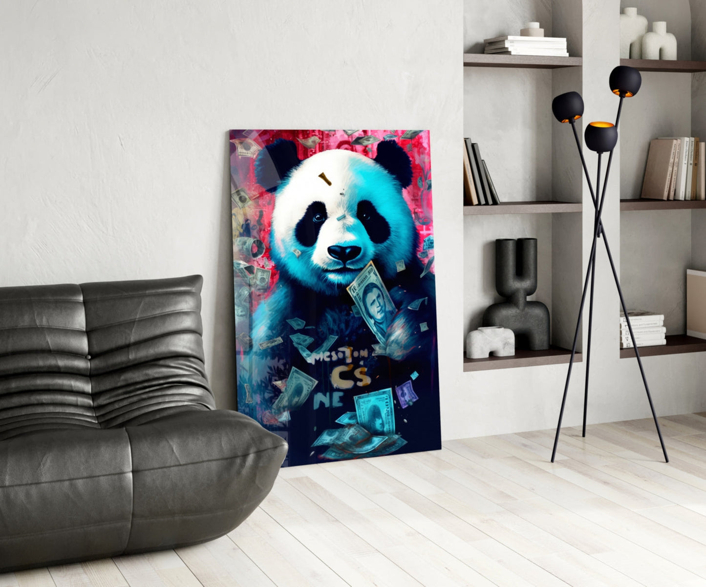 Vibrant pop art panda glass panel with cyan and pink tones displaying money imagery, positioned in modern living room beside gray sofa and floor lamp.