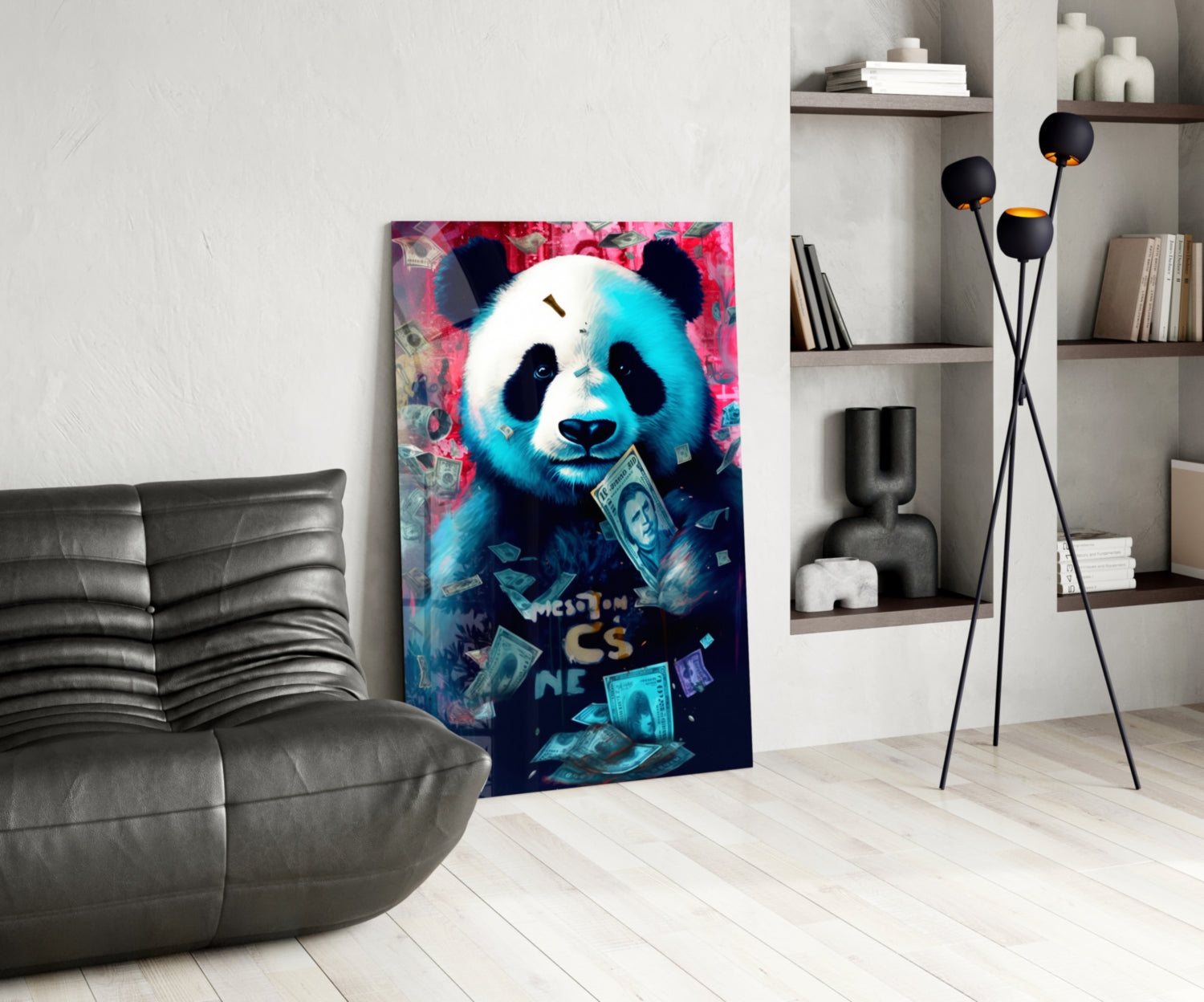 Vibrant pop art panda glass panel with cyan and pink tones displaying money imagery, positioned in modern living room beside gray sofa and floor lamp.