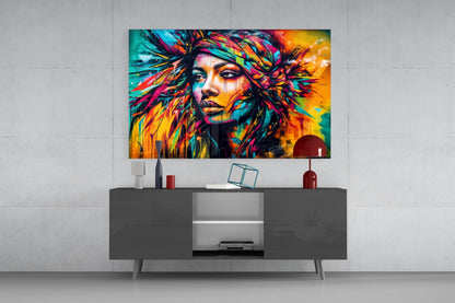 Neon Headwrap Feathered Woman Glass Wall Art