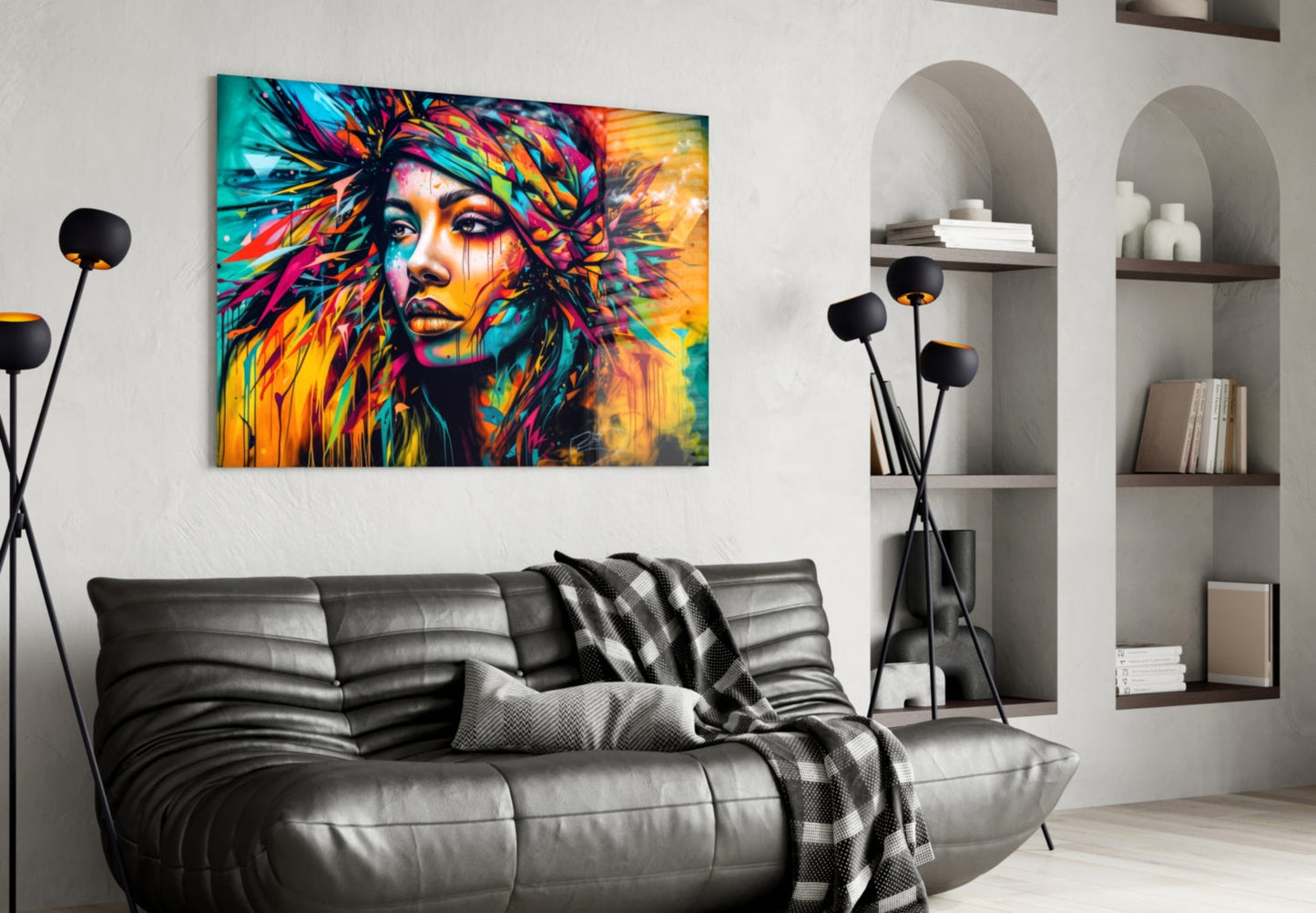 Neon Headwrap Feathered Woman Glass Wall Art