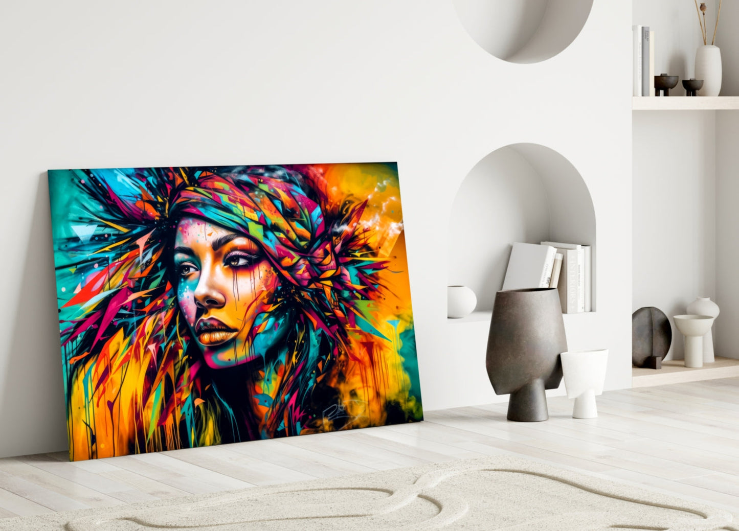 Neon Headwrap Feathered Woman Glass Wall Art