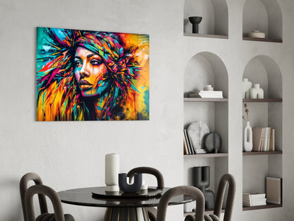 Neon Headwrap Feathered Woman Glass Wall Art