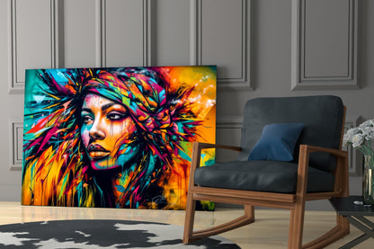 Neon Headwrap Feathered Woman Glass Wall Art