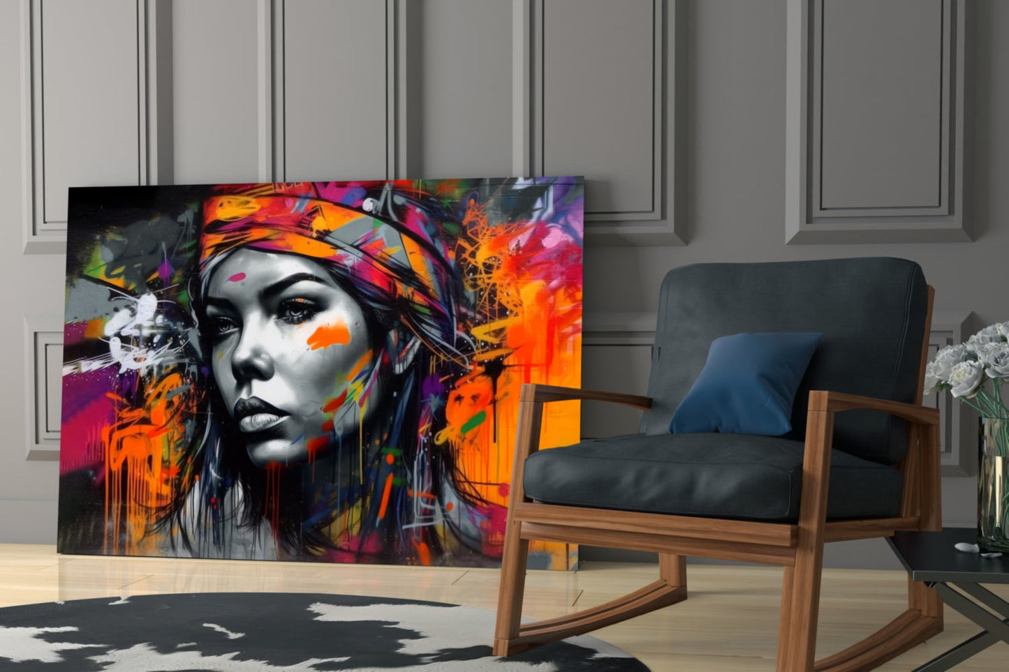Vibrant street art glass panel featuring a grayscale woman's face with multicolored paint splatters in orange, red, and purple tones displayed in a modern living room setting.