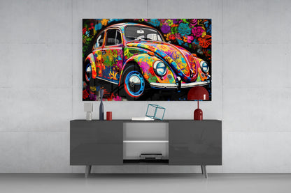Flowering Retro Camper Van Glass Wall Art || Designer Collection