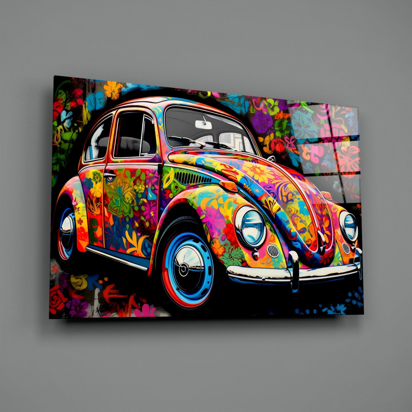 Flowering Retro Camper Van Glass Wall Art || Designer Collection