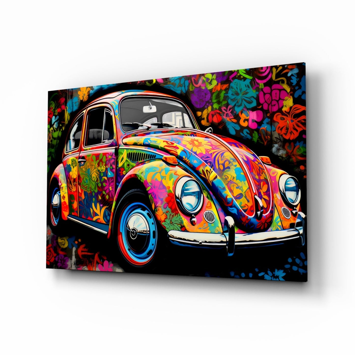 Flowering Retro Camper Van Glass Wall Art || Designer Collection