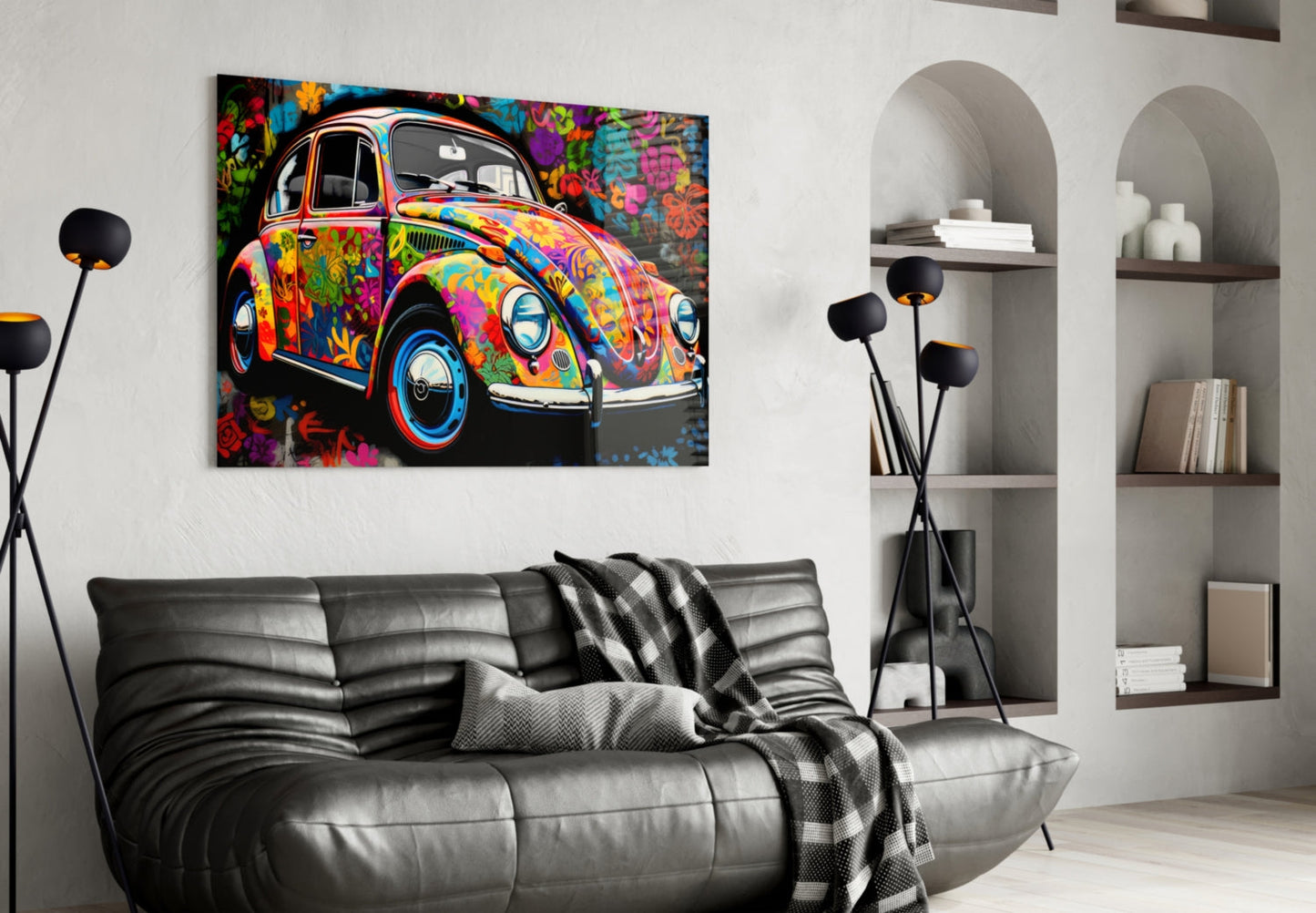 Flowering Retro Camper Van Glass Wall Art || Designer Collection