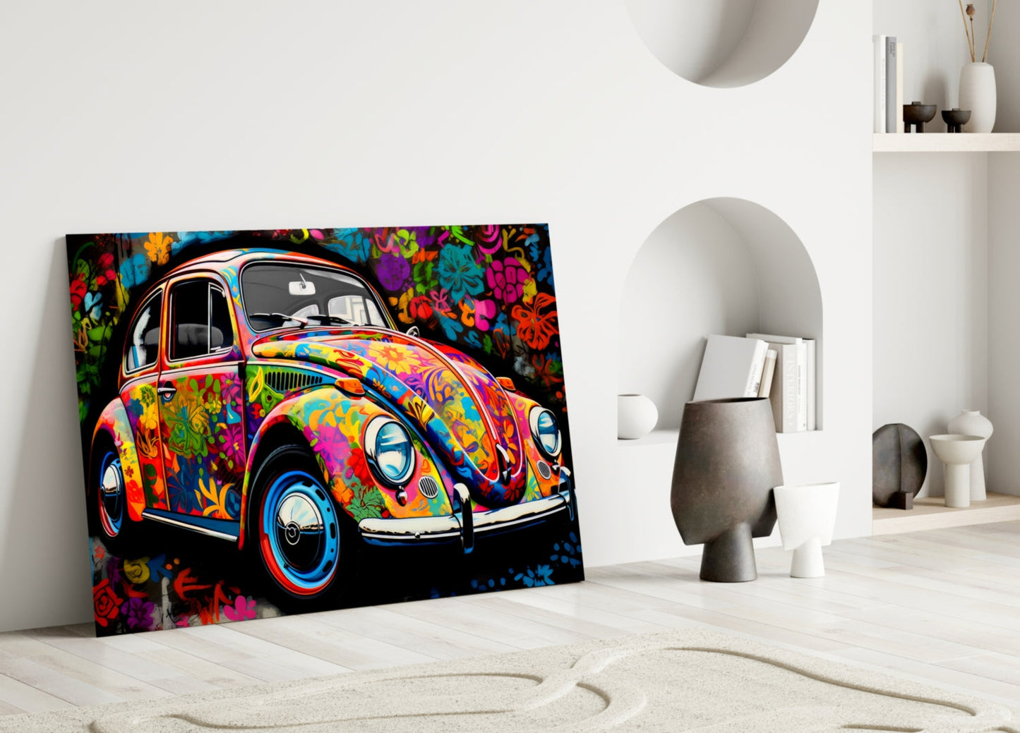 Flowering Retro Camper Van Glass Wall Art || Designer Collection