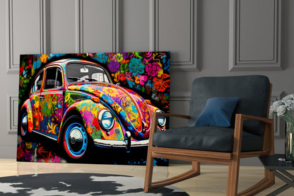 Flowering Retro Camper Van Glass Wall Art || Designer Collection