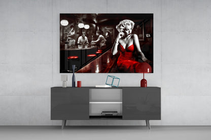 Red Dress Blonde on Bar Stool Glass Wall Art