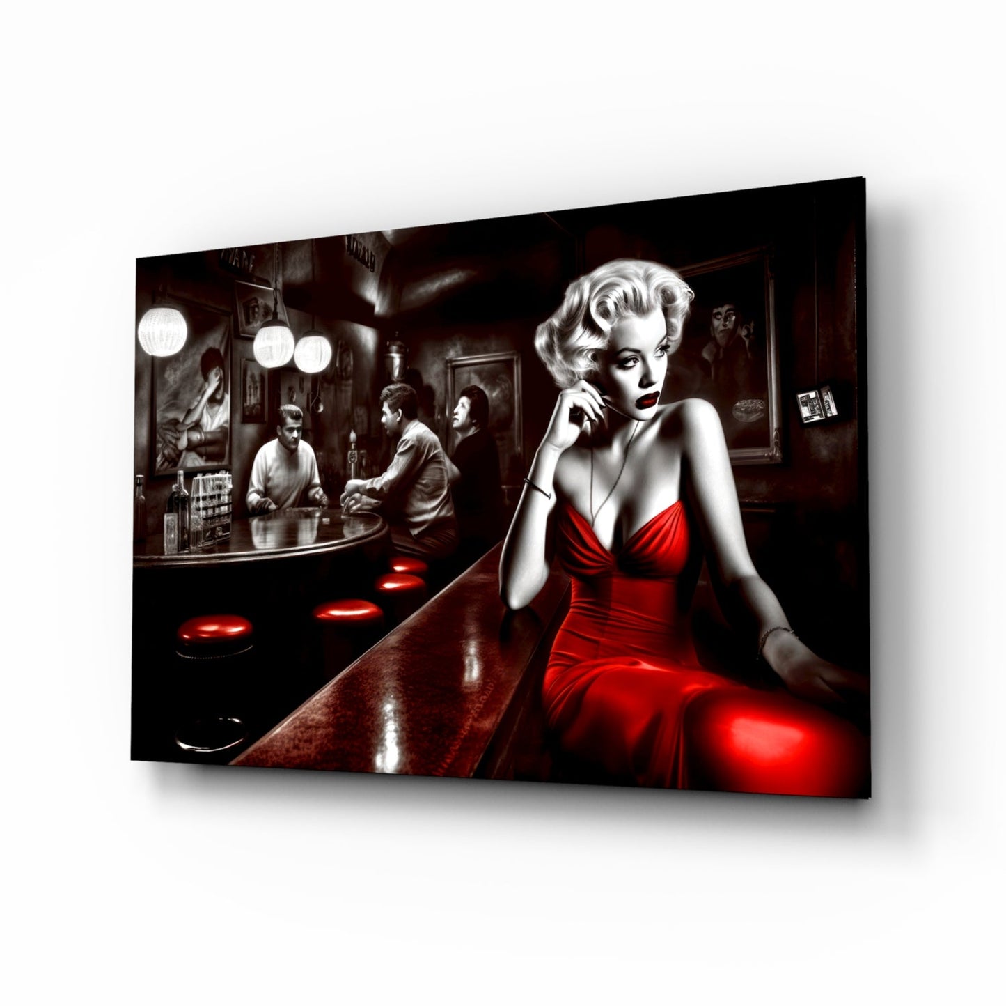 Red Dress Blonde on Bar Stool Glass Wall Art