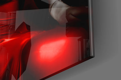 Red Dress Blonde on Bar Stool Glass Wall Art
