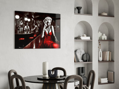 Red Dress Blonde on Bar Stool Glass Wall Art