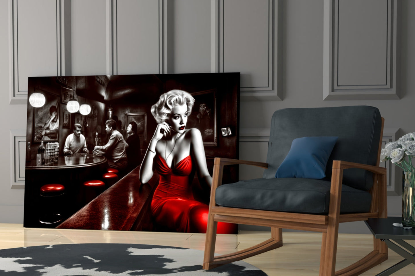 Red Dress Blonde on Bar Stool Glass Wall Art