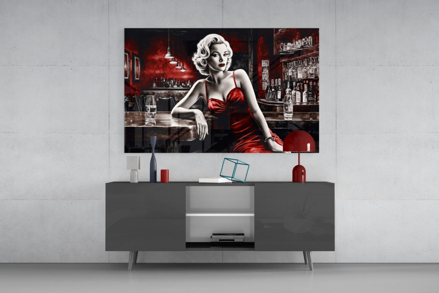 Red Satin Blonde Leaning on Bar Glass Wall Art