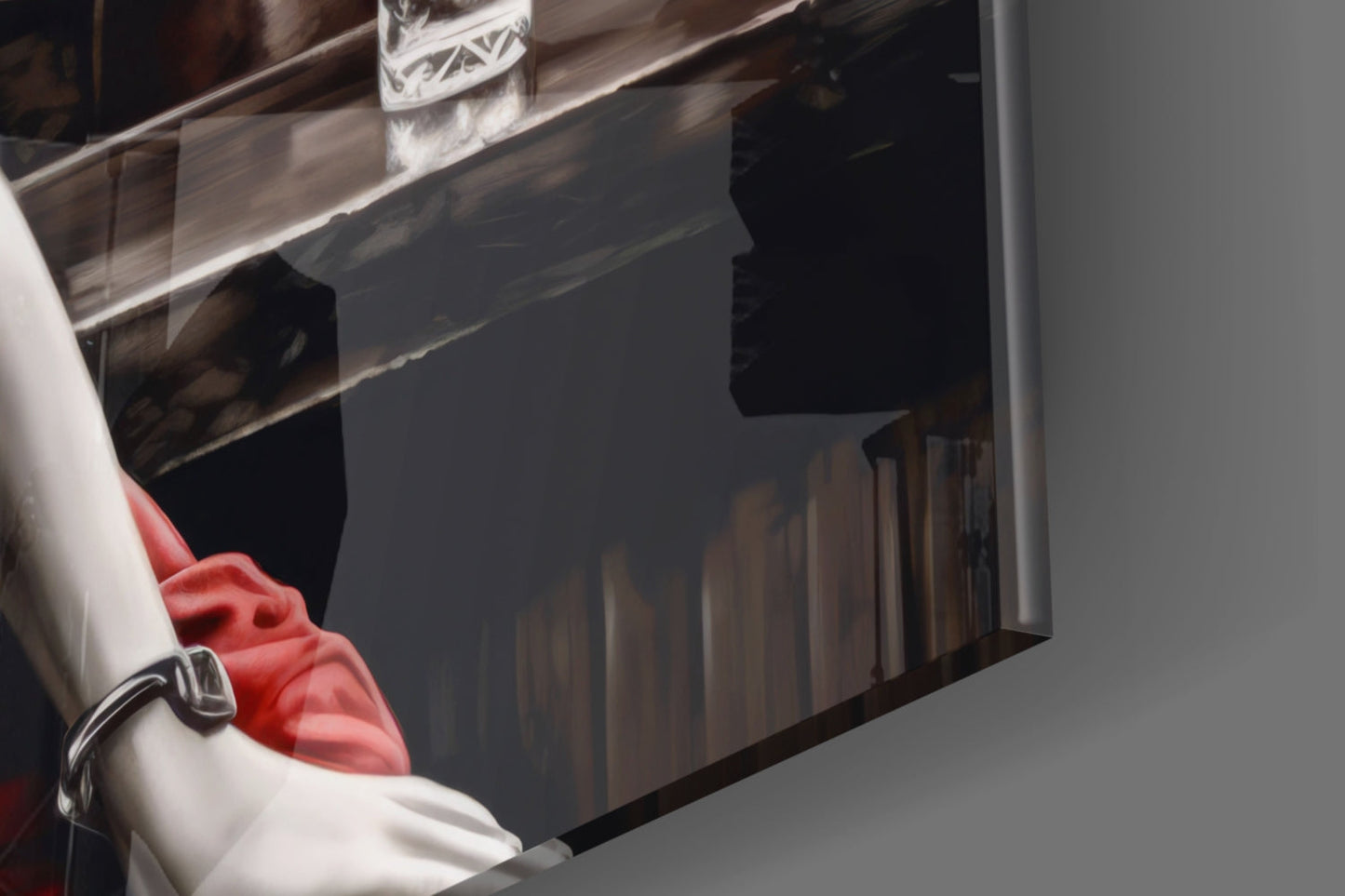 Red Satin Blonde Leaning on Bar Glass Wall Art
