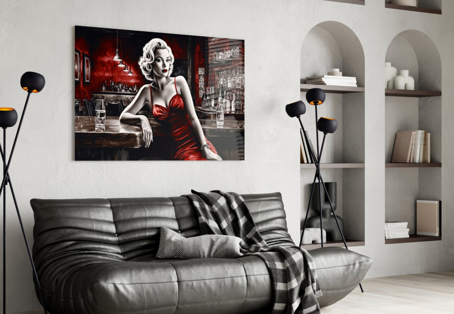 Red Satin Blonde Leaning on Bar Glass Wall Art