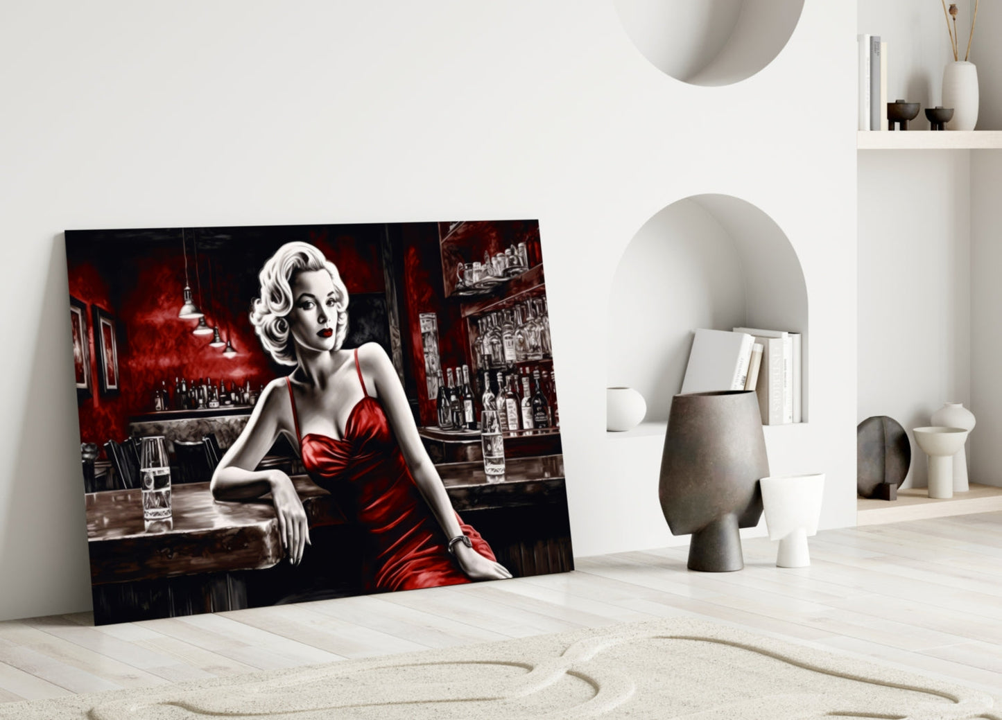 Red Satin Blonde Leaning on Bar Glass Wall Art