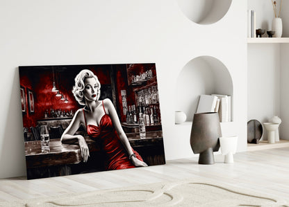 Red Satin Blonde Leaning on Bar Glass Wall Art
