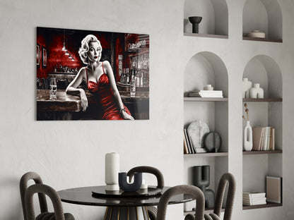 Red Satin Blonde Leaning on Bar Glass Wall Art