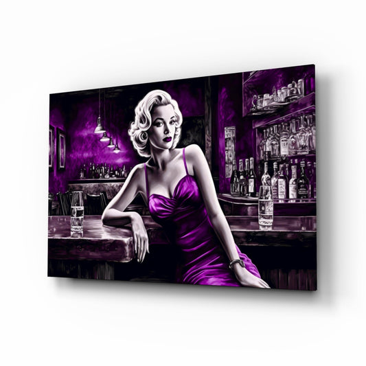 Canvas wall art depicting a platinum blonde woman in a purple satin dress seated at a bar, viewed at an angle showing depth and shadow.