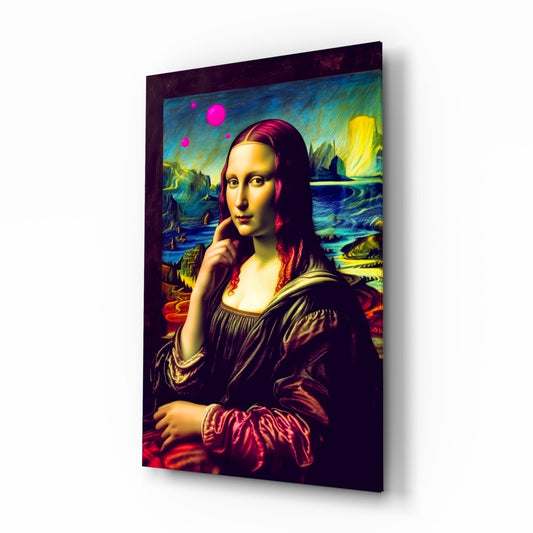 Angled view of a glass wall art panel showing a colorful pop art interpretation of the Mona Lisa with neon magenta circles against a vibrant landscape background.