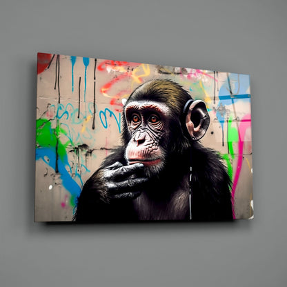 Chimpanzee wearing headphones against colorful graffiti background on glass wall art panel.